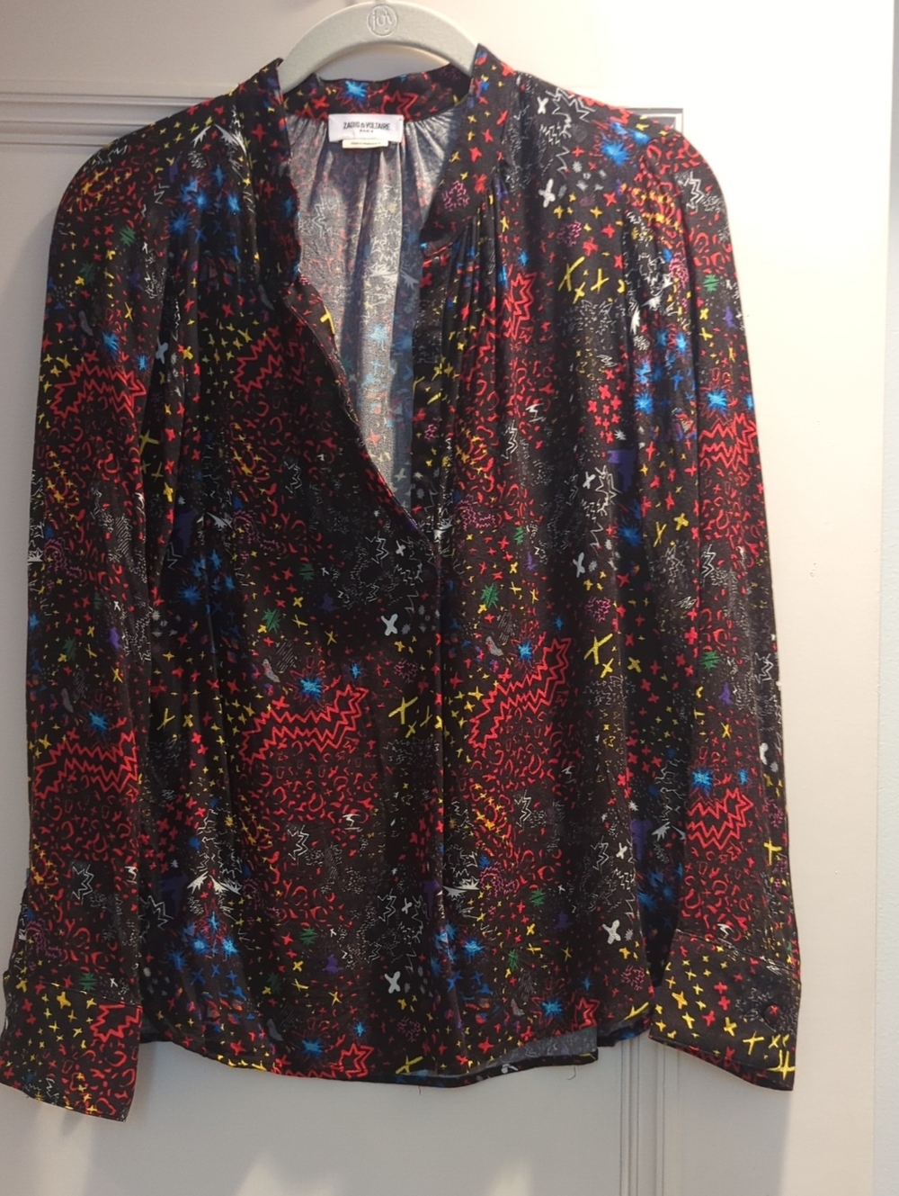 Zadig & Voltaire Black Multicolor Abstract Print Long Sleeve Blouse